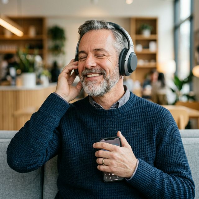 Homem 50+ emocionado com música